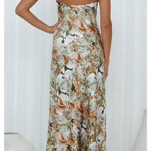 Green floral satin cowl neck midi dress